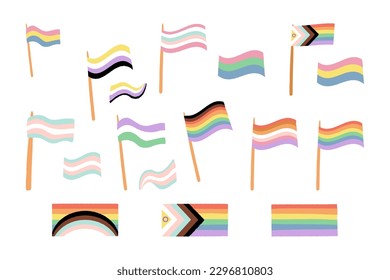 LGBTQ plus community flags collection. Waving in the wind rainbow flag, transgender, non binary person, gender queer, lesbian, pansexual people symbols. Celebration Pride Month. Vector flat icon set.