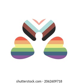 LGBTQ plus hearts vector flat illustration. Colorful rainbow hearts, lesbian, gay, bisexual, transgender, and queer people movement flag. Tolerance, equal rights for gay and lesbian people.