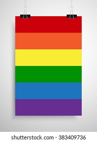 LGBTQ poster template hanging on clip binders. Pride parade flag, tolerance and equality symbol. Rainbow, multicolor stripes vector background. LGBT community movement and diversity concept backdrop