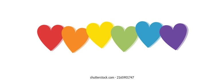 LGBTQ+ pride banner design elements. Vector illustration of stack of hearts in rainbow flat colors. Rainbow Hearts Banner for Pride Month. 