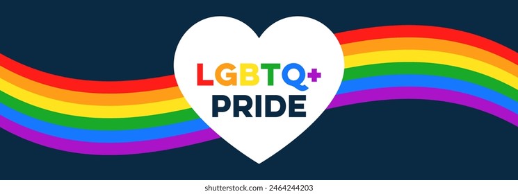 LGBTQ+ Pride Banner. Rainbow Background with Love Heart Shape and Colorful LGBTQ+ Pride Month Text. Vector Banner Design for Pride Month