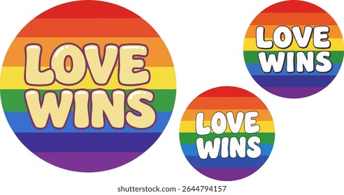 LGBTQ Pride Buttons with Love Wins Typography in Rainbow Colors	