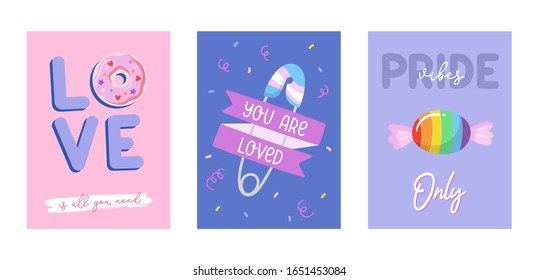 LGBTQ pride cards set. Beautiful equality symbols. Vector hand drawn illustrations and lettering. Pride Month templates for poster, banner, cards.