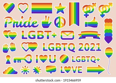 Lgbtq pride elements. Pride lgbt community rainbow flags, freedom, peace and love symbols. Gay parade month stickers vector illustration set. Rights rainbow parade symbol, festival equality