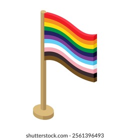 LGBTQ Pride flag with pole - hand drawn isometric vector illustration.