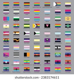 LGBTQ+ pride flags gender collection. LGBTQIAN+ Flag collection. Flag of gay, transgender, bisexual, lesbian etc.