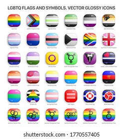 LGBTQ Pride Flags And Symbols 3D Vector Glossy Icons Set Isolated On White Background. Rainbow LGBT Community Design Elements Convex Buttons Collection On Light Backdrop