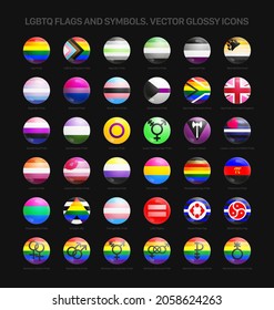 Banderas Del Orgullo LGBTQ Y Símbolos Iconos De Ronda De Vector 3D Glossy Aislados En Fondo Negro. Colección De Botones De Elementos De Diseño De La Comunidad LGBT Arcoiris Sobre Un Fondo Oscuro