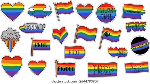 LGBTQ Pride Icon Set with Rainbow Hearts, Flags, and Symbols