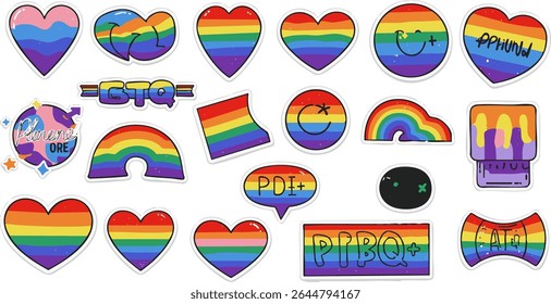 LGBTQ Pride Icon Set with Rainbow Hearts, Flags, and Symbols