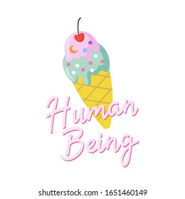 LGBTQ pride illustration with cute ice cream. Vector hand drawn illustration and lettering. Pride Month poster, banner, logo design.