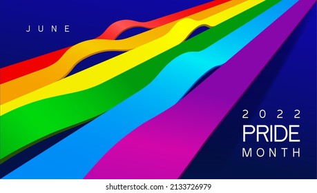 LGBTQ Pride Month 2022. Colored label on rainbow flag background. Human rights or diversity concept. LGBT event banner design, the rainbow is heading up. Vector isolated on black background.