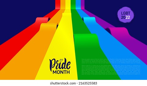 LGBTQ Pride Month 2022. Colored label on rainbow flag background. Human rights or diversity concept. LGBT event banner design, the rainbow is heading up. Vector illustration.