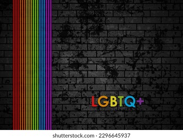 Mes del Orgullo LGBTQ: abstractas líneas láser coloridas sobre fondo de pared de ladrillo grueso. Diseño de vectores