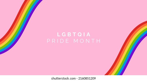 LGBTQ Pride Month Banner Design With Pride Flag Ribbon Illustration Elements On Pink Background. LGBTQ+ Rainbow Flag Ribbon Banner.