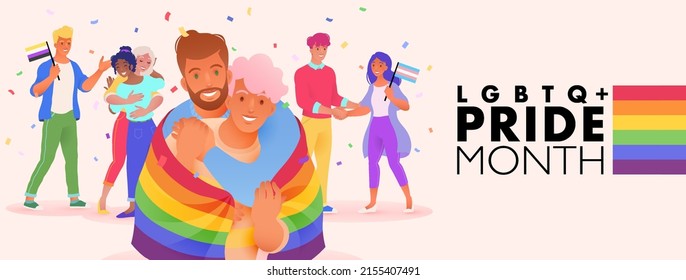 LGBTQ PRIDE Month Banner With Diverse People Supporting LGBT Plus Rights And Movements. Vector Illustration