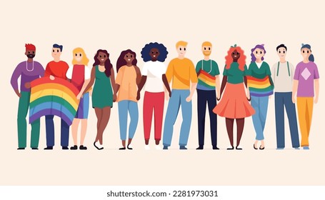 LGBTQ PRIDE month banner with diverse people supporting LGBT plus rights and movements vector illustration