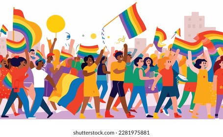 LGBTQ PRIDE Monat-Banner mit unterschiedlichen Personen, die LGBT unterstützen, sowie Rechte und Bewegungen Menschen, die für rechte Vektorgrafik kämpfen