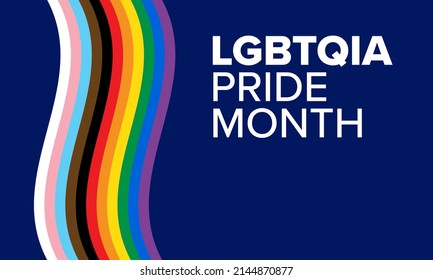 LGBTQ+ Pride Month Banner. LGBTQIA Pride Month Text on Dark Blue Background with Pride Flag Illustration