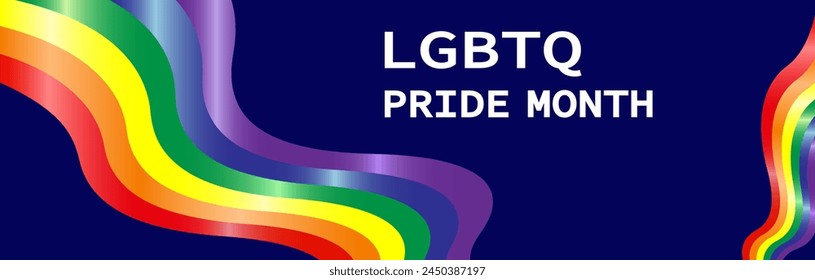 LGBTQ pride month banner. Rainbow PRIDE month with festival parades, parties and social events. Colorful rainbow flag. Vector design template.
LGBTQIA Pride Month Text. Pride flag vector.