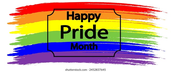 LGBTQ pride month banner. Rainbow PRIDE month with festival parades, parties and social events. Colorful rainbow flag. Vector design template. LGBTQIA Pride Month Text. Pride flag vector.