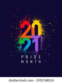 LGBTQ Pride month banner with typography text 2021 on abstract modern sharp colorful splash ink rainbow background design. Vector illustration Isolated on blue background.