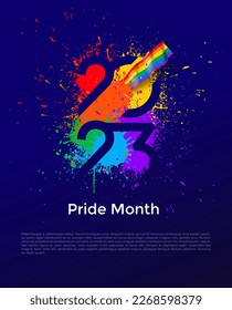 LGBTQ Pride Monat Banner mit Typografie Text 2023 auf abstraktem, modernem, scharfen, bunten Splash Tinte Regenbogen Hintergrund Design. Vektor lgbt 2023 einzeln auf blauem Hintergrund.