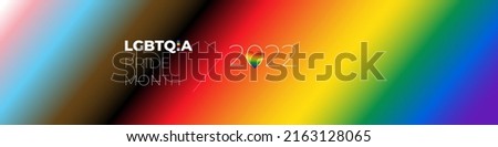 LGBTQ+ Pride Month Banner. Vector LGBTQIA Pride month text on gradient background with Pride flag. Minimalistic trendy background for branding, cover, banner, card. Vector illustration.