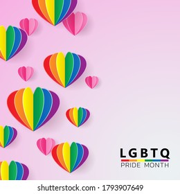 LGBTQ PRIDE MONTH Concept, Paper art style of rainbow heart on pink background, Vector illustration