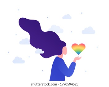 Lgbtq pride month concept. Vector flat person illustration. Human character with long hair hold heart shape of gradient rainbow color. Design element for diversity banner, poster.