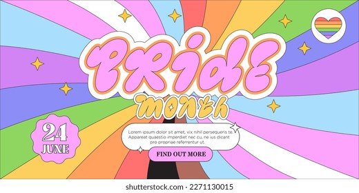 Lgbtq or pride month or day cute web banner, landing page, greeting post card, placard, flyer or poster with funny trendy groovy elements on rainbow background. Event invitation in 90s style.