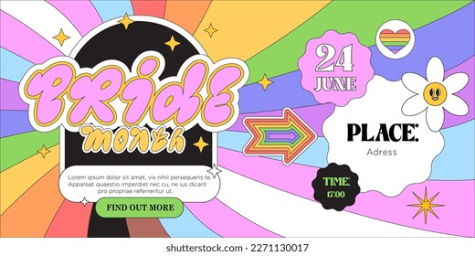 Lgbtq or pride month or day cute web banner, landing page, greeting post card, placard, flyer or poster with funny trendy groovy elements on rainbow background. Event invitation in 90s style.