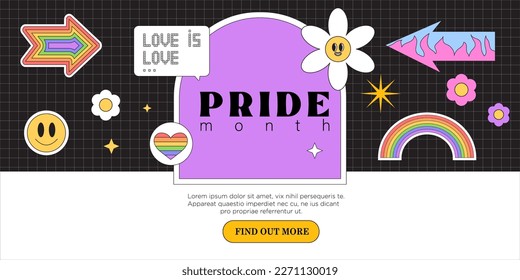 Lgbtq or pride month or day cute web banner, landing page, greeting post card, placard, flyer or poster with trendy groovy elements and arch frame for text or photo. Event invitation in 90s style.