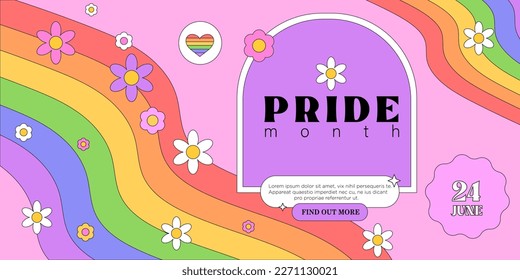 Lgbtq or pride month or day cute web banner, landing page, greeting post card, placard, flyer or poster with trendy groovy elements and arch frame for text or photo. Event invitation in 90s style.