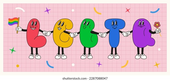 Lgbtq pride month day festival banner with retro cartoon characters. Good for landing page, greeting card, placard, flyer or poster.