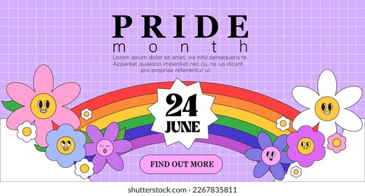 Lgbtq or pride month day web banner, landing page, greeting post card, placard, flyer or poster with funny trendy groovy flower characters and rainbow on grid squared background. Event invitation.