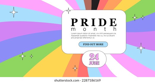 Lgbtq or pride month, event, festival or day cute web banner, landing page, greeting post card, placard, flyer or poster with rainbow background for social media post. Event invitation in 90s style.