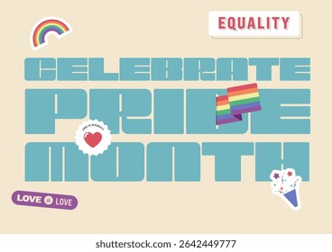LGBTQ Pride month festival and love diversity concept. Bold typography with small icon. Design element can be used for poster, backdrop, banner, brochure, flyer, print, vector illustration
