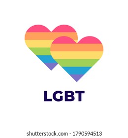 Lgbtq pride month flag concept. Vector flat illustration. Lgbt rainbow flag symbol. Couple of heart shape sign with text. Design element for freedom and diversity banner, background, poster.