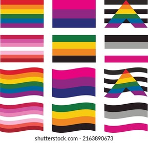 LGBTQ Pride Month flags of different orientations. White background. Wave and straight flags. Vector picture