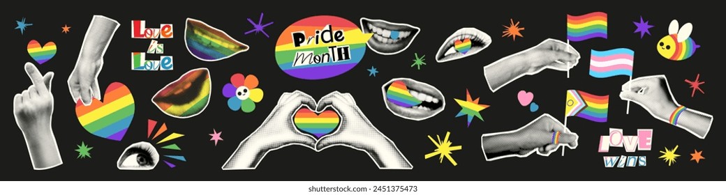 LGBTQ Pride month halftone collage elements set. Grunge cut out from magazine human hands, eyes, lips and rainbow doodles. Trendy modern retro vector illustration isolated on black background