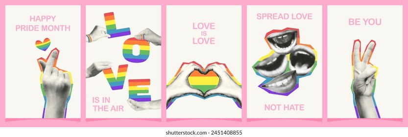 Conjunto de Anuncios de Vertical de collage de semitonos del mes del orgullo LGBTQ. Grunge recortado de las manos y bocas humanas de la revista con el símbolo del arco iris y los lemas positivos. Ilustración vectorial retro moderna de moda