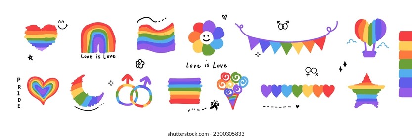 LGBTQ pride month Hand-drawn elements set. Vector illustration. Collection of cute cartoon drawing for Celebration and commemoration of lesbian, gay, bisexual, and transgender pride.