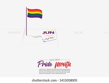 LGBTQ Pride Month of June. Flag of LGBTQ on the calendar marked date Pride Month start on calendar June 2019. LGBT Power awareness concept. Vector Illustration. 