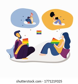 LGBTQ pride month. Loving couple of LGBT men and women correspond in social networks. Gender equality, minorities, the concept of adoption.  choice.