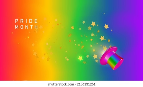 LGBTQ pride month. Pride text label on blurred rainbow background. Human rights or diversity concept. LGBT event banner design template.