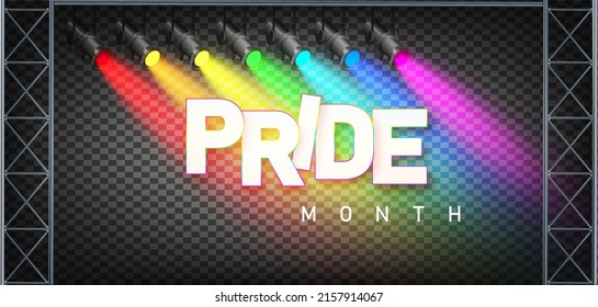 LGBTQ pride month. Pride text label on blurred rainbow background. Human rights or diversity concept. LGBT event banner design template.