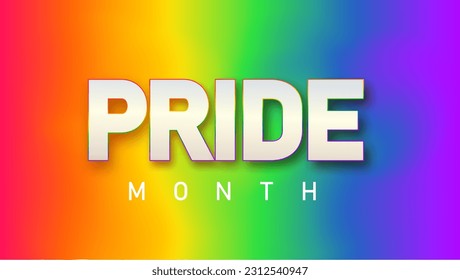 LGBTQ pride month. Pride text label on blurred rainbow background. Human rights or diversity concept. LGBT event banner design template.