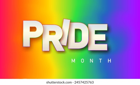 LGBTQ pride month. Pride text label on blurred rainbow background. Human rights or diversity concept. LGBT event banner design template