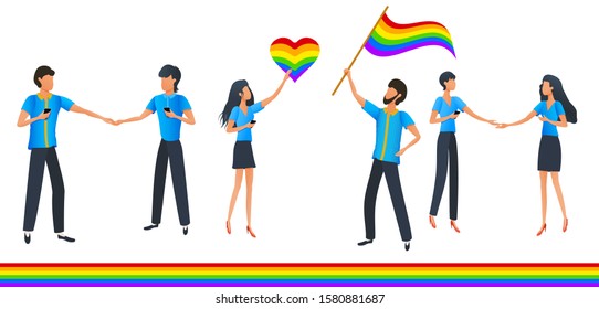 LGBTQ pride month vector set, crowd of people with rainbow flags and hearts. Love parade. Lesbian, gay, bisexual and transgender community. Flat style vector illustration clip art